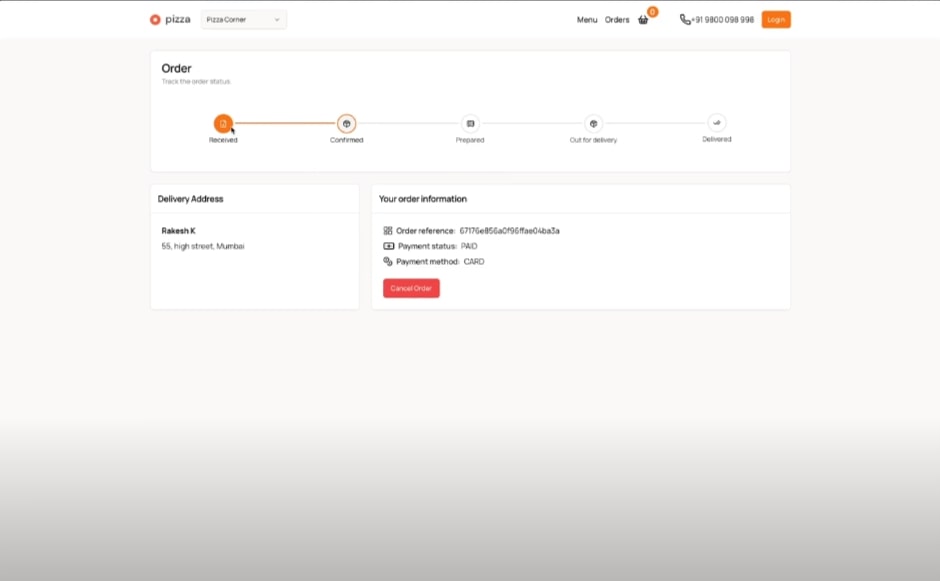 Product order tracking page