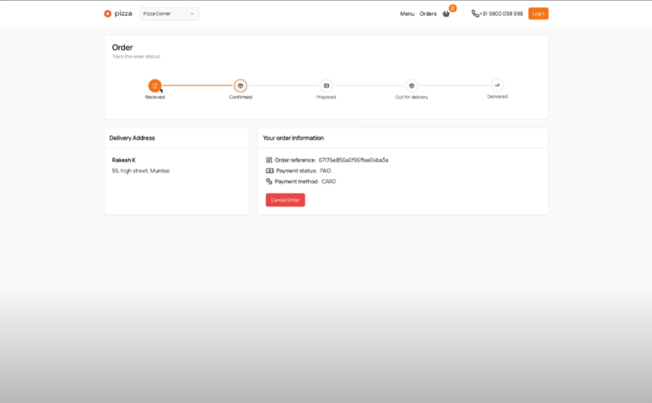 Product order tracking page